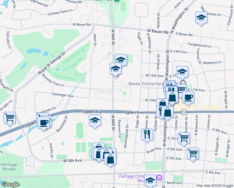 map of restaurants, bars, coffee shops, grocery stores, and more near 1020 North Mill Street in Naperville