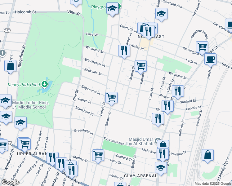 map of restaurants, bars, coffee shops, grocery stores, and more near 630 Garden Street in Hartford
