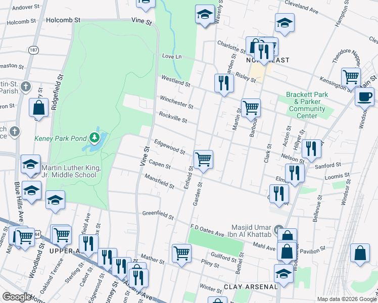 map of restaurants, bars, coffee shops, grocery stores, and more near 191 Enfield Street in Hartford