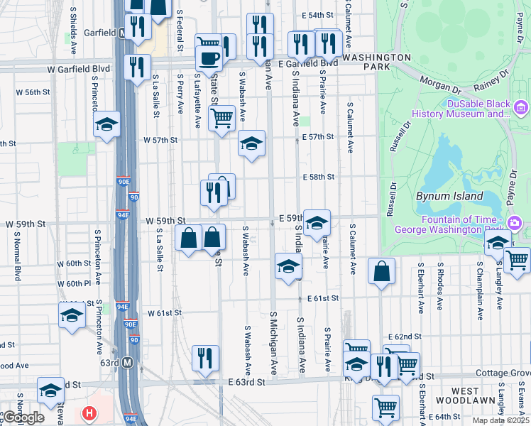 map of restaurants, bars, coffee shops, grocery stores, and more near 5854 South Michigan Avenue in Chicago