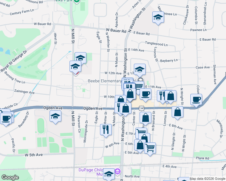 map of restaurants, bars, coffee shops, grocery stores, and more near 109 West 10th Avenue in Naperville