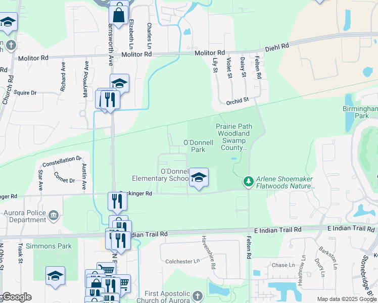 map of restaurants, bars, coffee shops, grocery stores, and more near 1588 McClure Road in Aurora