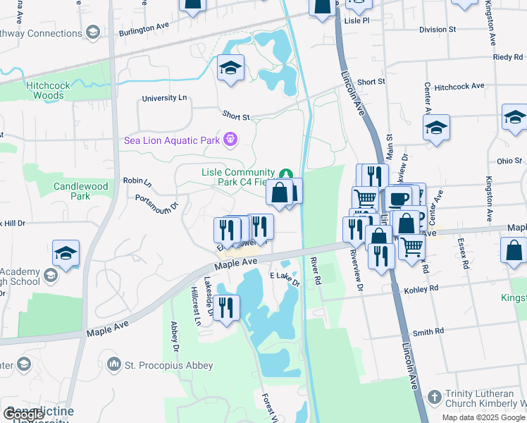 map of restaurants, bars, coffee shops, grocery stores, and more near 1500 Patton Drive in Lisle