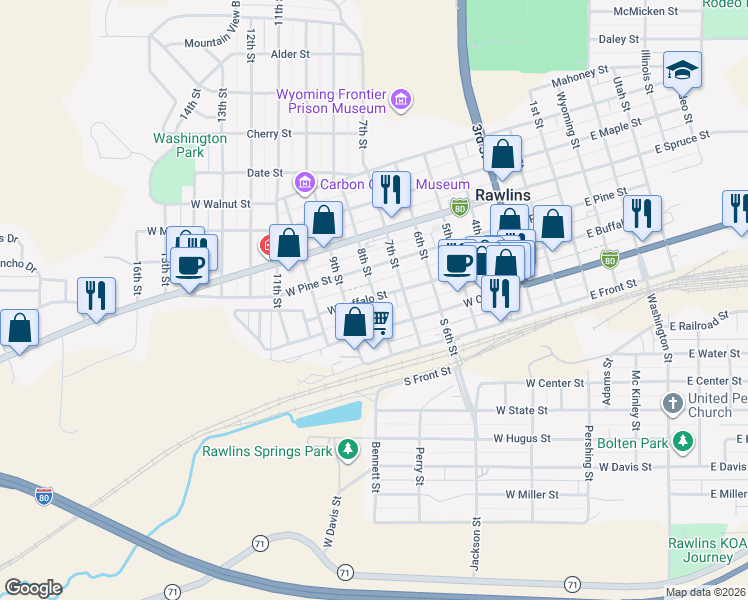 map of restaurants, bars, coffee shops, grocery stores, and more near 803 Cedar Street in Rawlins