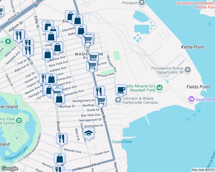 map of restaurants, bars, coffee shops, grocery stores, and more near 128 Alabama Avenue in Providence