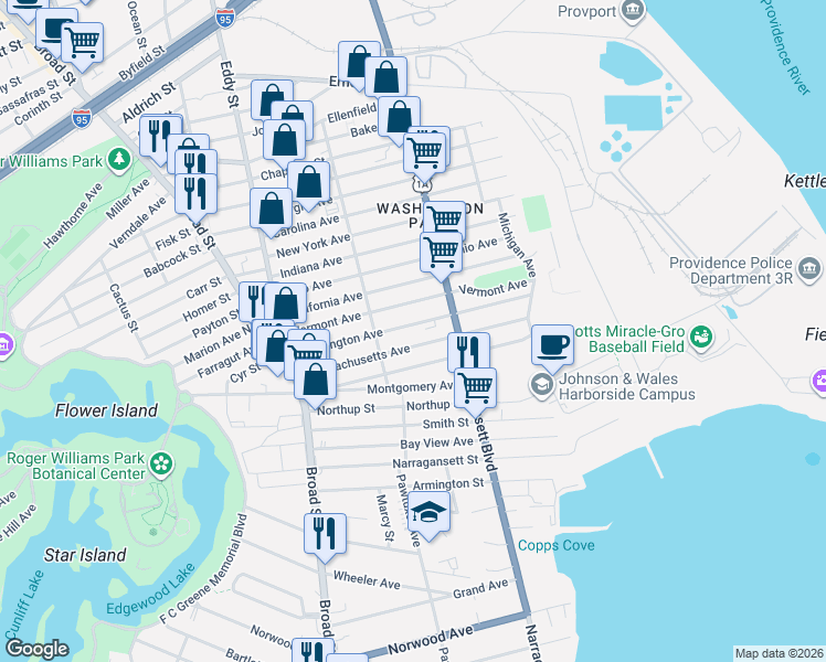 map of restaurants, bars, coffee shops, grocery stores, and more near 199 Alabama Avenue in Providence