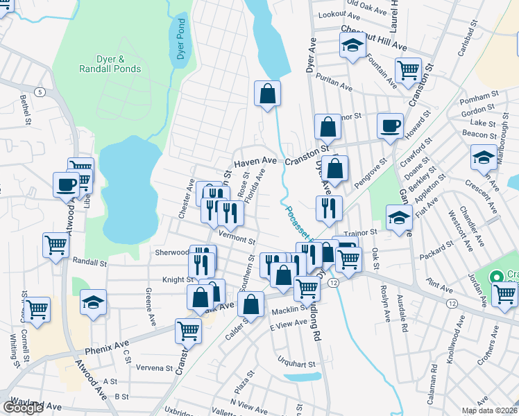 map of restaurants, bars, coffee shops, grocery stores, and more near 51 New Hampshire Street in Cranston