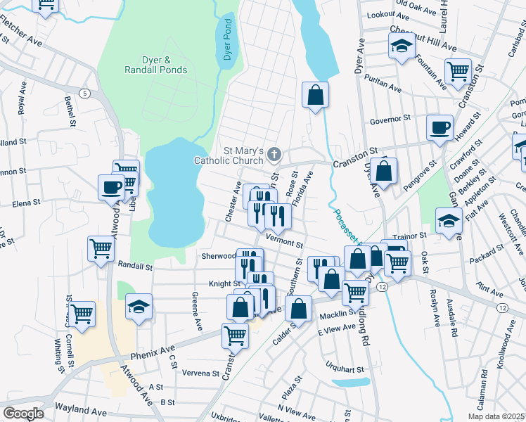 map of restaurants, bars, coffee shops, grocery stores, and more near 18 New Hampshire Street in Cranston