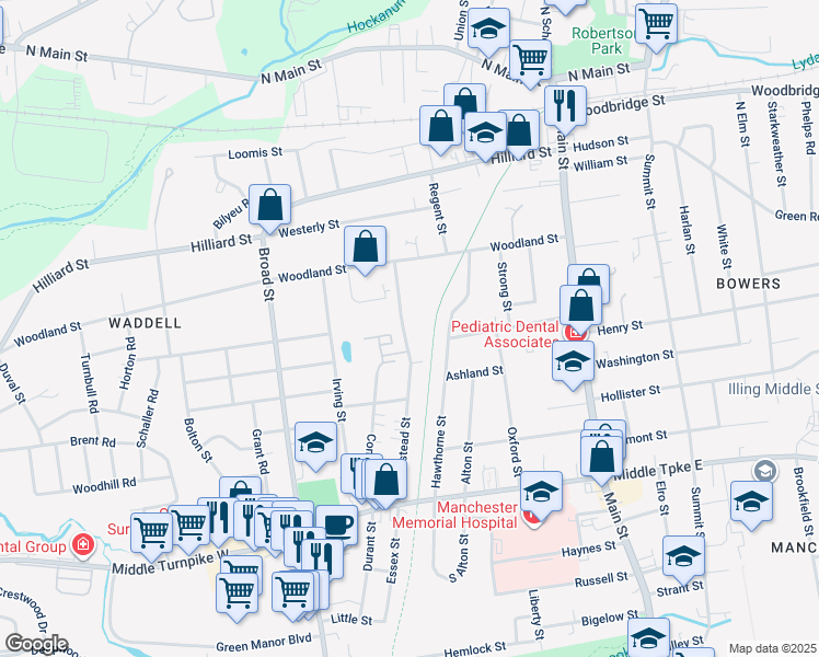 map of restaurants, bars, coffee shops, grocery stores, and more near 162 Homestead Street in Manchester