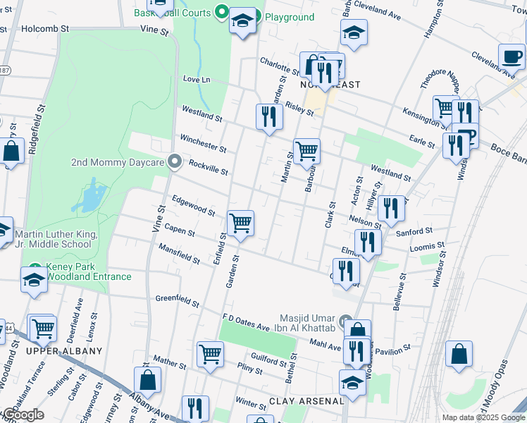 map of restaurants, bars, coffee shops, grocery stores, and more near 43 Martin Street in Hartford