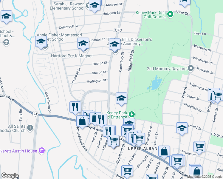 map of restaurants, bars, coffee shops, grocery stores, and more near 191 Westbourne Parkway in Hartford