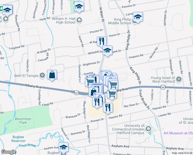 map of restaurants, bars, coffee shops, grocery stores, and more near 747 North Main Street in West Hartford