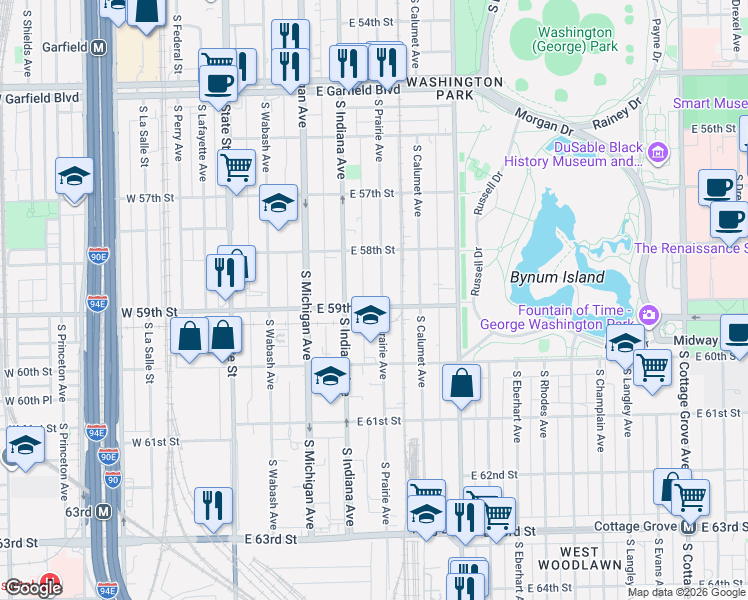map of restaurants, bars, coffee shops, grocery stores, and more near 5910 South Prairie Avenue in Chicago
