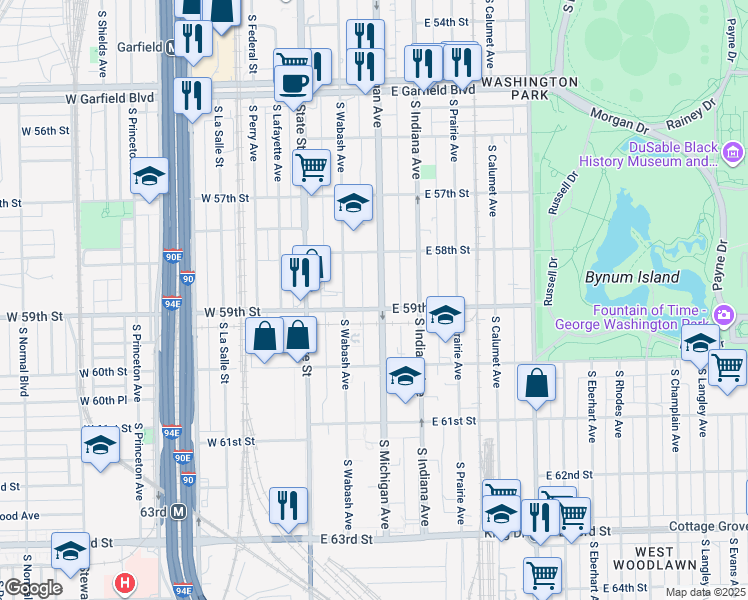map of restaurants, bars, coffee shops, grocery stores, and more near 5910 South Michigan Avenue in Chicago
