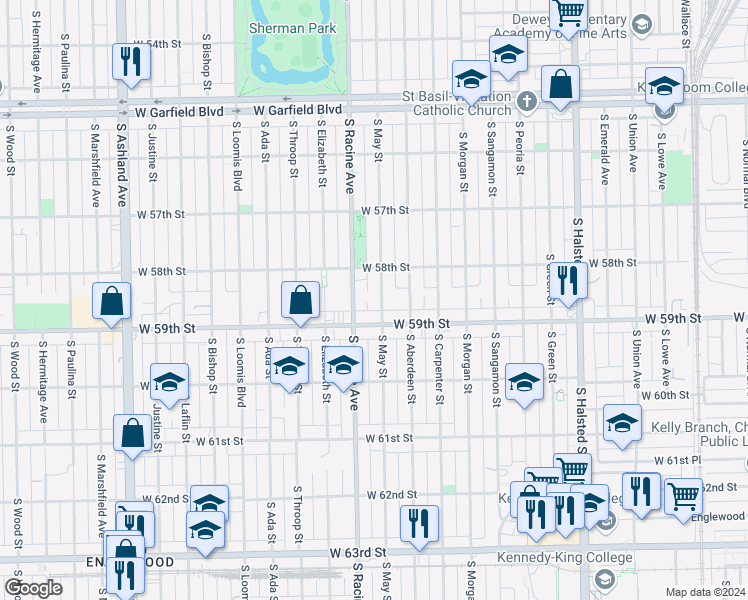 map of restaurants, bars, coffee shops, grocery stores, and more near 1142 West 59th Street in Chicago