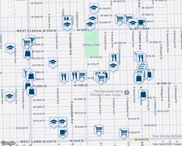map of restaurants, bars, coffee shops, grocery stores, and more near 3543 West 58th Place in Chicago