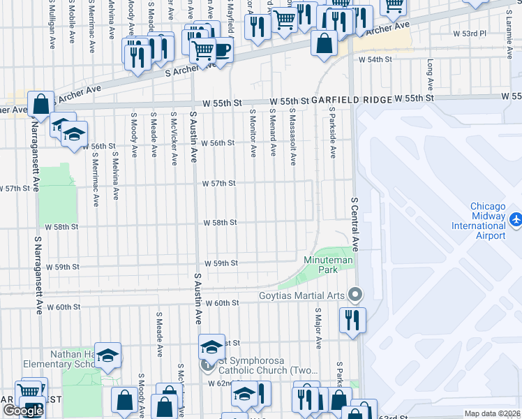 map of restaurants, bars, coffee shops, grocery stores, and more near 5801 South Monitor Avenue in Chicago