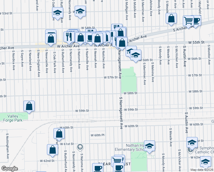 map of restaurants, bars, coffee shops, grocery stores, and more near 5758 South Nagle Avenue in Chicago
