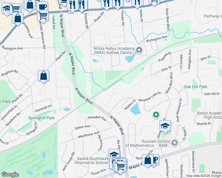map of restaurants, bars, coffee shops, grocery stores, and more near 25W041 Oriole Lane in Naperville