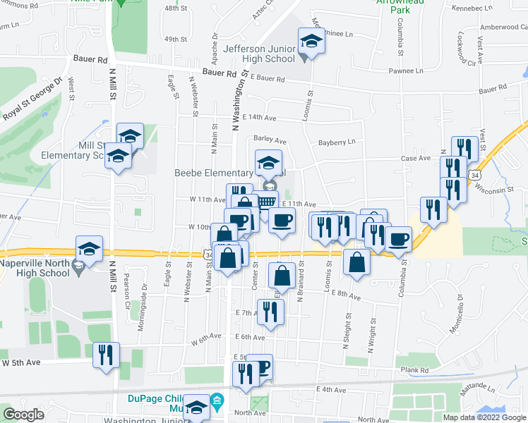 map of restaurants, bars, coffee shops, grocery stores, and more near 115 East Ogden Avenue in Naperville
