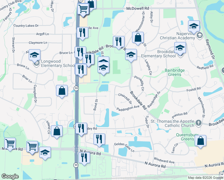 map of restaurants, bars, coffee shops, grocery stores, and more near 1861 Paddington Avenue in Naperville