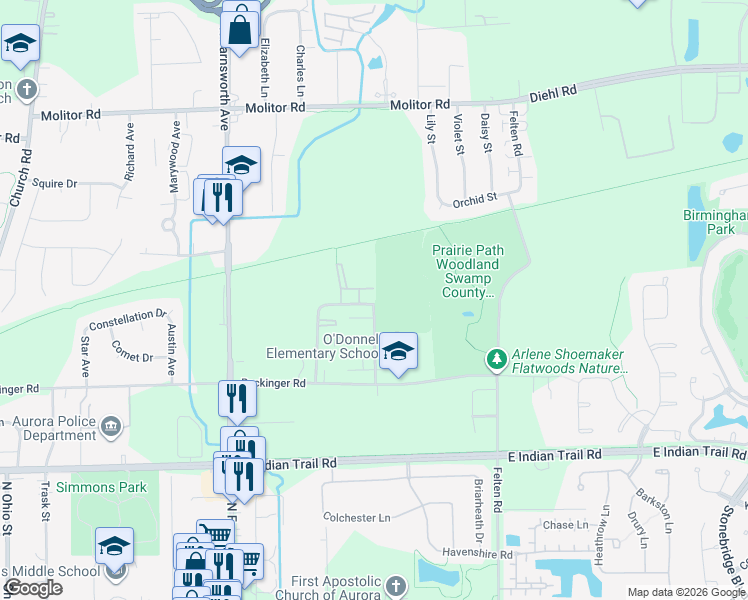 map of restaurants, bars, coffee shops, grocery stores, and more near 1417 McClure Road in Aurora