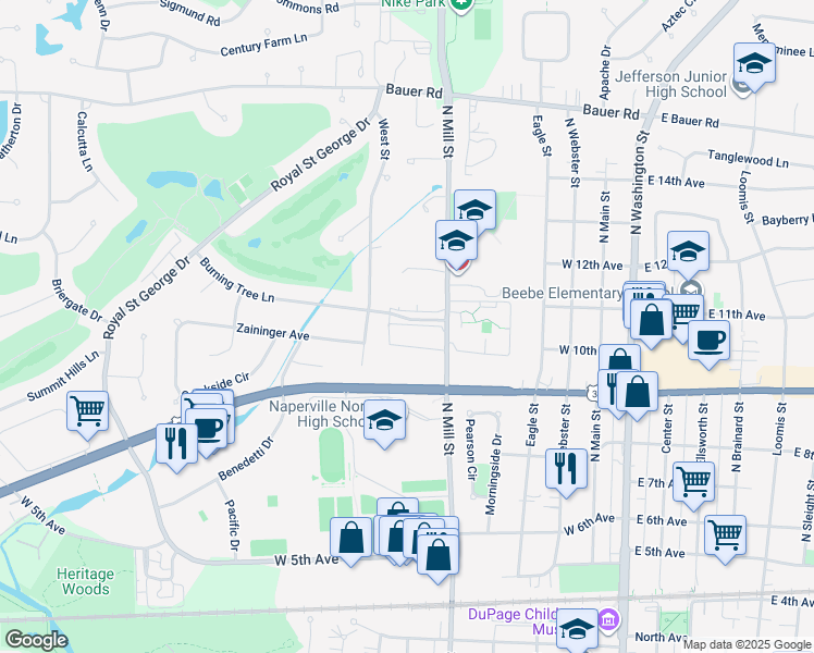 map of restaurants, bars, coffee shops, grocery stores, and more near 512 Burning Tree Lane in Naperville