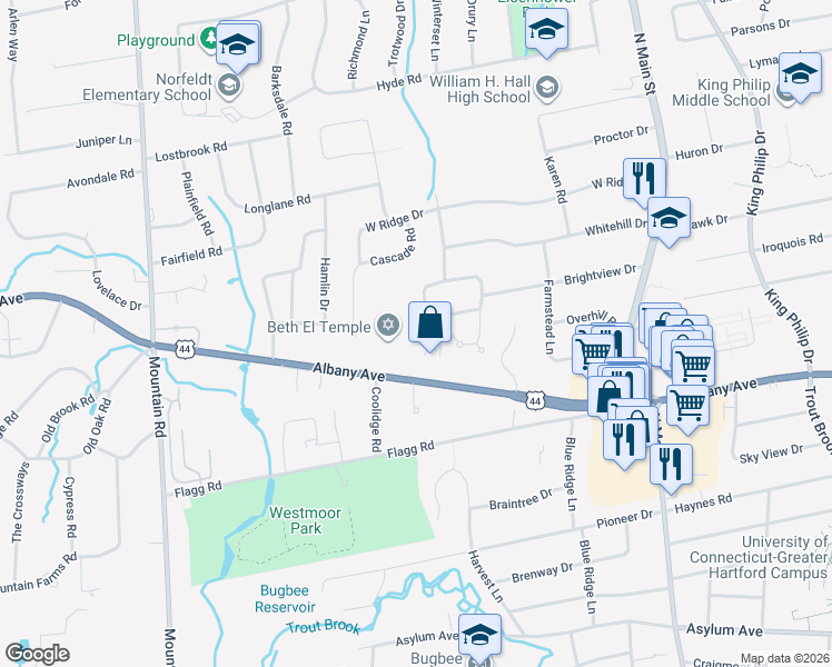 map of restaurants, bars, coffee shops, grocery stores, and more near 2600 U.S. 44 in West Hartford