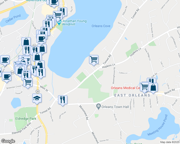 map of restaurants, bars, coffee shops, grocery stores, and more near 90 Tonset Road in Orleans