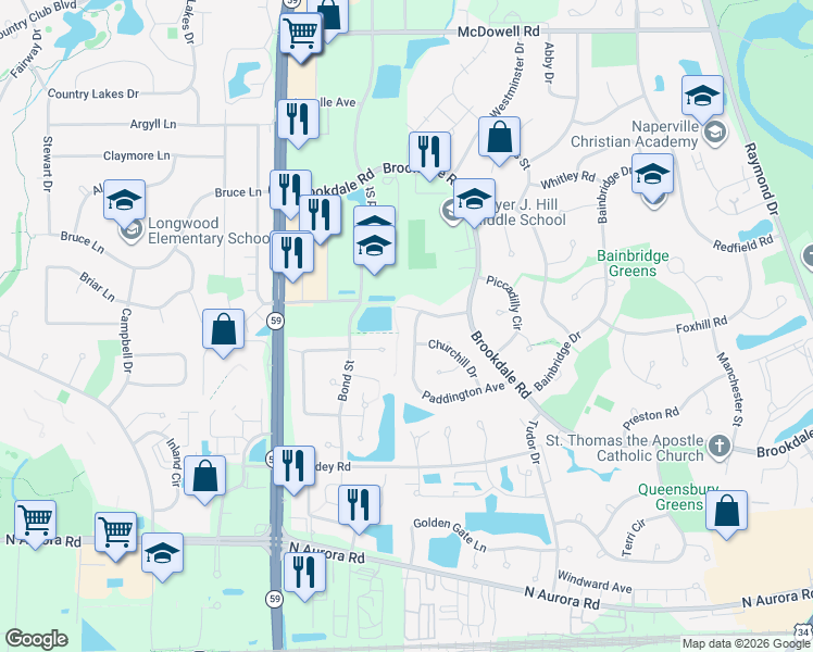 map of restaurants, bars, coffee shops, grocery stores, and more near 1861 Paddington Avenue in Naperville