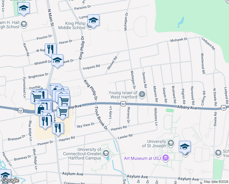 map of restaurants, bars, coffee shops, grocery stores, and more near 17 Tecumseh Road in West Hartford