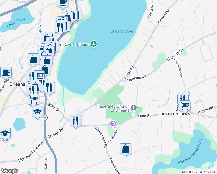 map of restaurants, bars, coffee shops, grocery stores, and more near 90 Tonset Road in Orleans