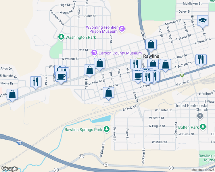 map of restaurants, bars, coffee shops, grocery stores, and more near 821 West Buffalo Street in Rawlins