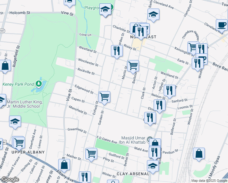 map of restaurants, bars, coffee shops, grocery stores, and more near 161 Nelson Street in Hartford