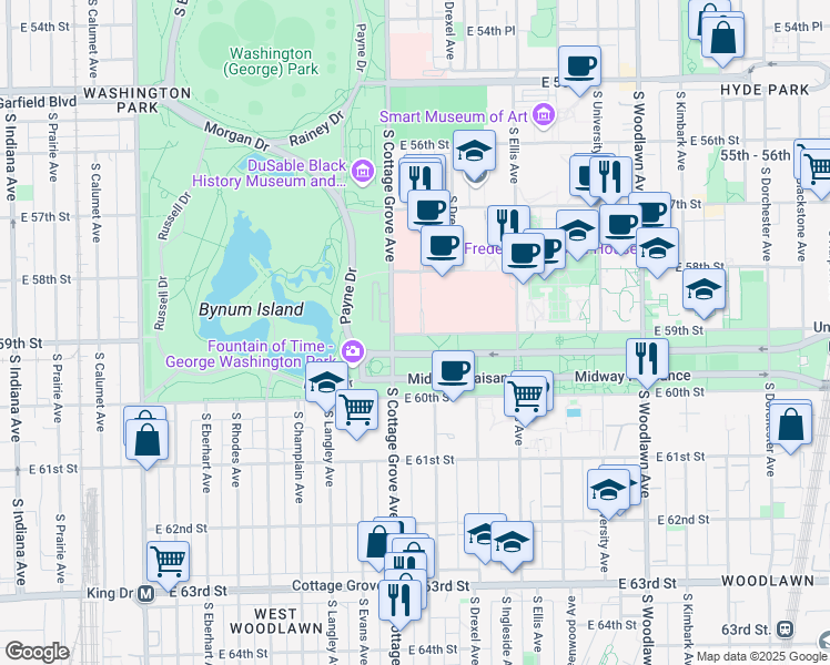 map of restaurants, bars, coffee shops, grocery stores, and more near 840 East 59th Street in Chicago
