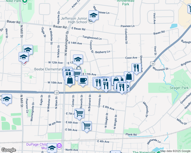 map of restaurants, bars, coffee shops, grocery stores, and more near 308 East 11th Avenue in Naperville