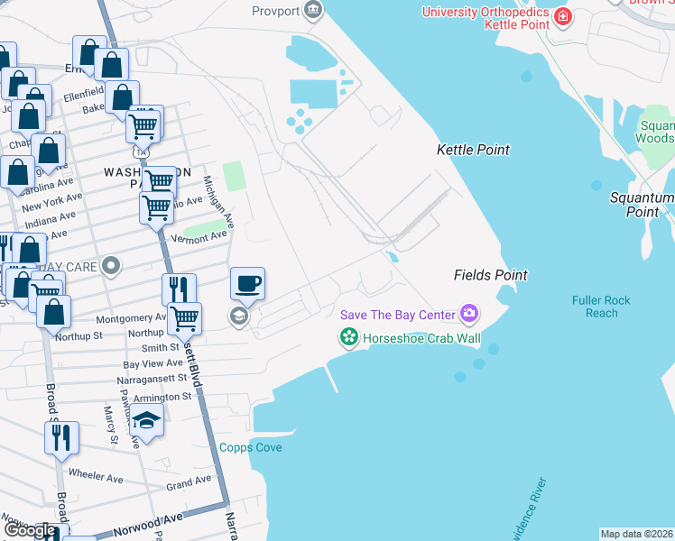 map of restaurants, bars, coffee shops, grocery stores, and more near Harborside Boulevard in Providence County