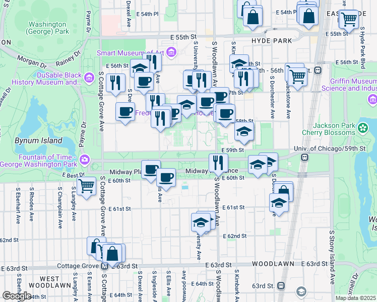 map of restaurants, bars, coffee shops, grocery stores, and more near 1116 East 59th Street in Chicago