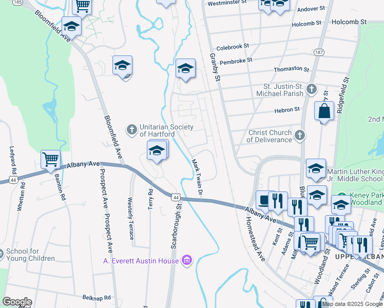 map of restaurants, bars, coffee shops, grocery stores, and more near 72 Mark Twain Drive in Hartford