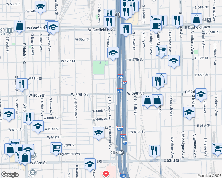 map of restaurants, bars, coffee shops, grocery stores, and more near 5808 South Princeton Avenue in Chicago