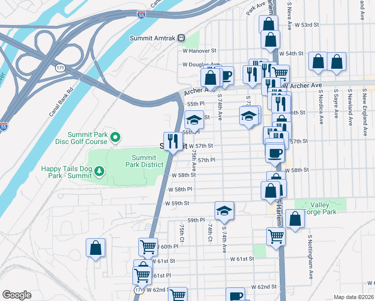 map of restaurants, bars, coffee shops, grocery stores, and more near 5640 75th Avenue in Summit