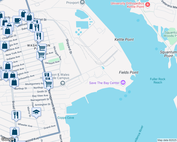 map of restaurants, bars, coffee shops, grocery stores, and more near 63-125 Harbourside Blvd in Providence