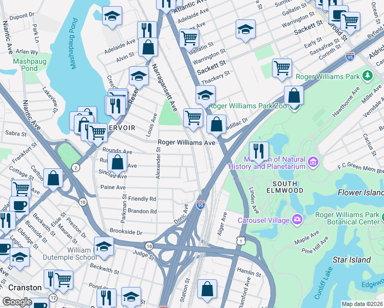 map of restaurants, bars, coffee shops, grocery stores, and more near 119 Roger Williams Avenue in Providence