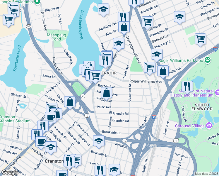 map of restaurants, bars, coffee shops, grocery stores, and more near 52 Stadden Street in Providence