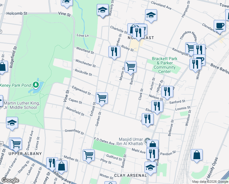 map of restaurants, bars, coffee shops, grocery stores, and more near 163 Nelson Street in Hartford