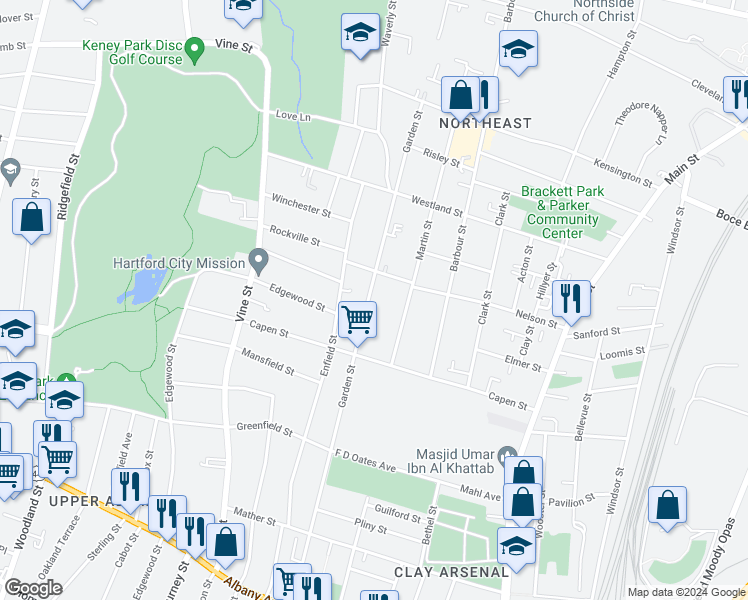 map of restaurants, bars, coffee shops, grocery stores, and more near 651 Garden Street in Hartford