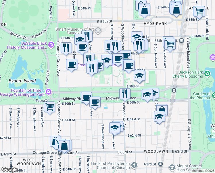 map of restaurants, bars, coffee shops, grocery stores, and more near 5848 South University Avenue in Chicago