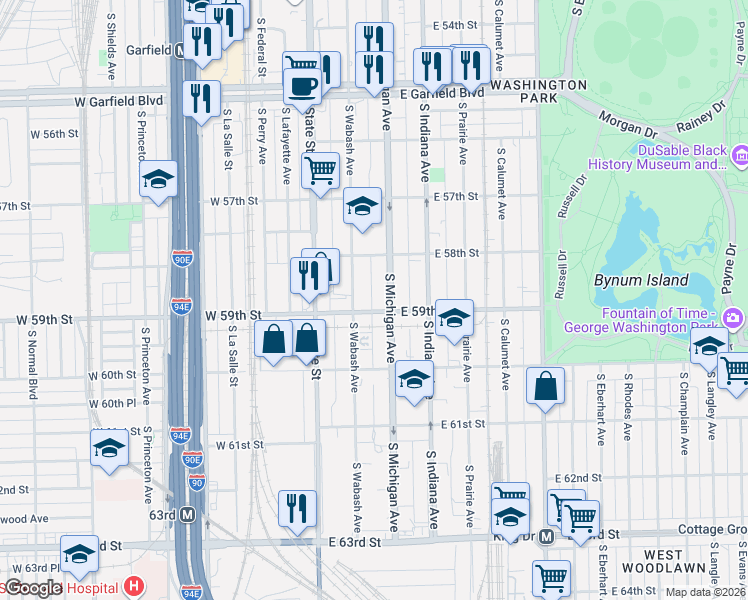map of restaurants, bars, coffee shops, grocery stores, and more near 5824 South Michigan Avenue in Chicago