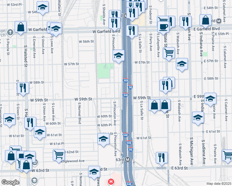 map of restaurants, bars, coffee shops, grocery stores, and more near 5808 South Princeton Avenue in Chicago