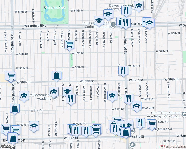 map of restaurants, bars, coffee shops, grocery stores, and more near 5805 South Carpenter Street in Chicago